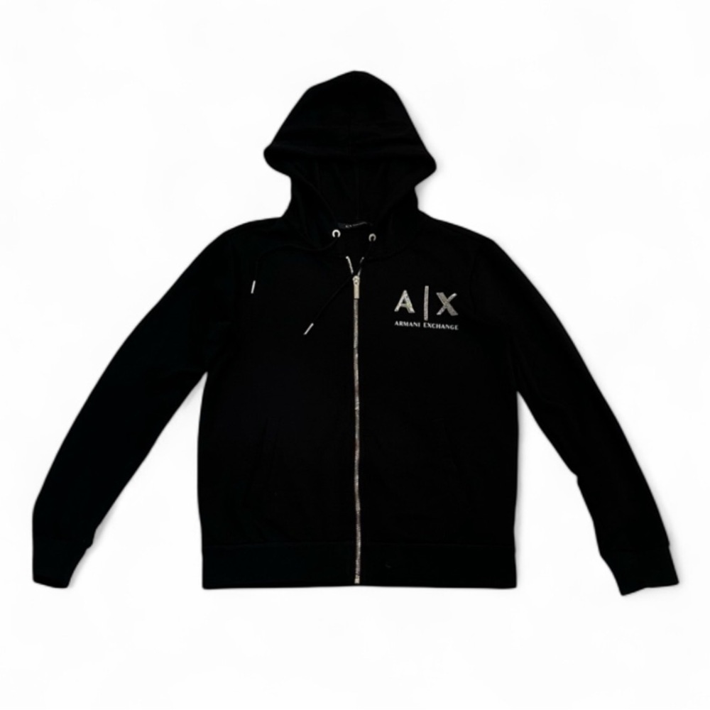 Authentic Unisex Armani Exchange Black and Gold Zip Up Sweater with Logo